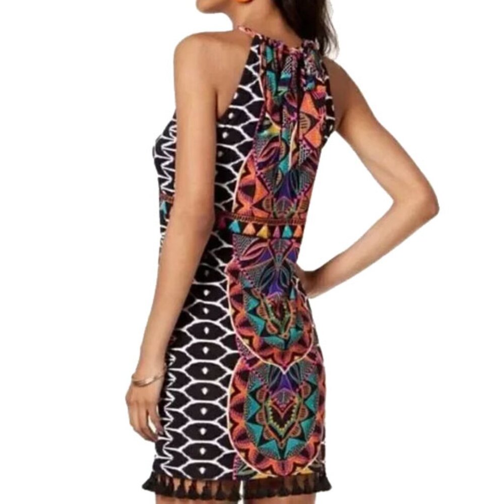 NWOT Trina Turk X Inc Halter Tassel Mini Dress M Tribal Print Tropical Geo - Picture 3 of 13